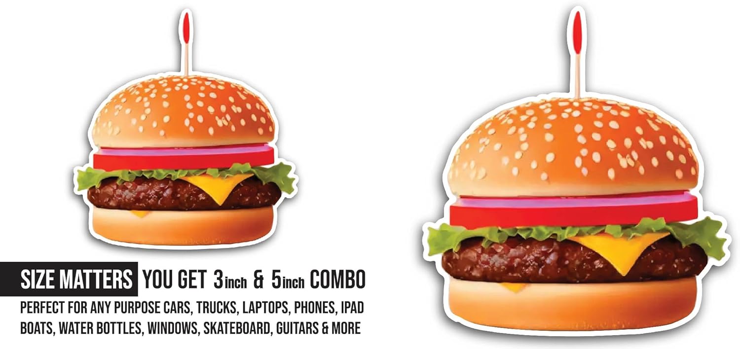 2 (Pieces) 3" and 5" Burger Sticker, Waterproof Vinyl Decals for Many Purpose Like Cars, Trucks, Laptops, Phones, Windows and More