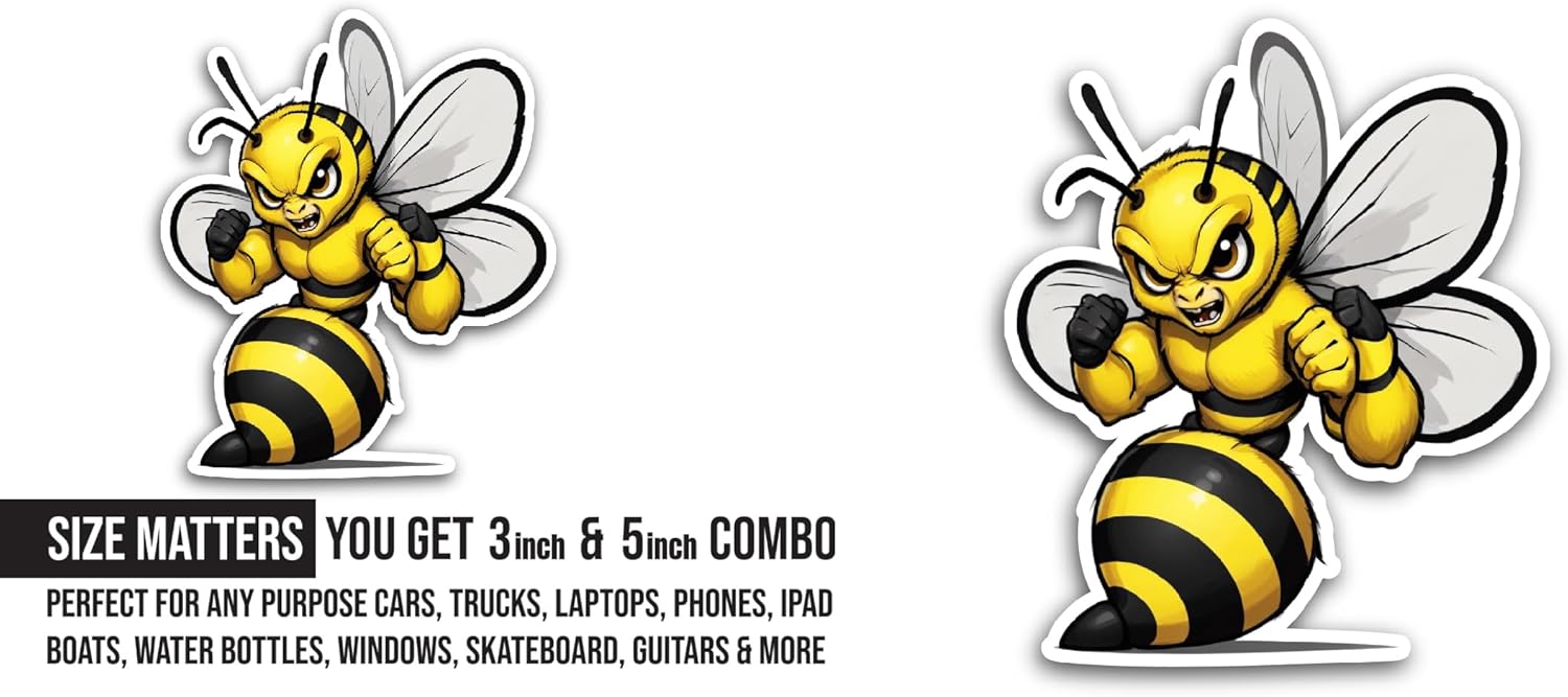 2 (Pieces) 3" and 5" Cartoon Bee Sticker, Waterproof Vinyl Decals for Many Purpose Like Cars, Trucks, Laptops, Phones, Windows and More