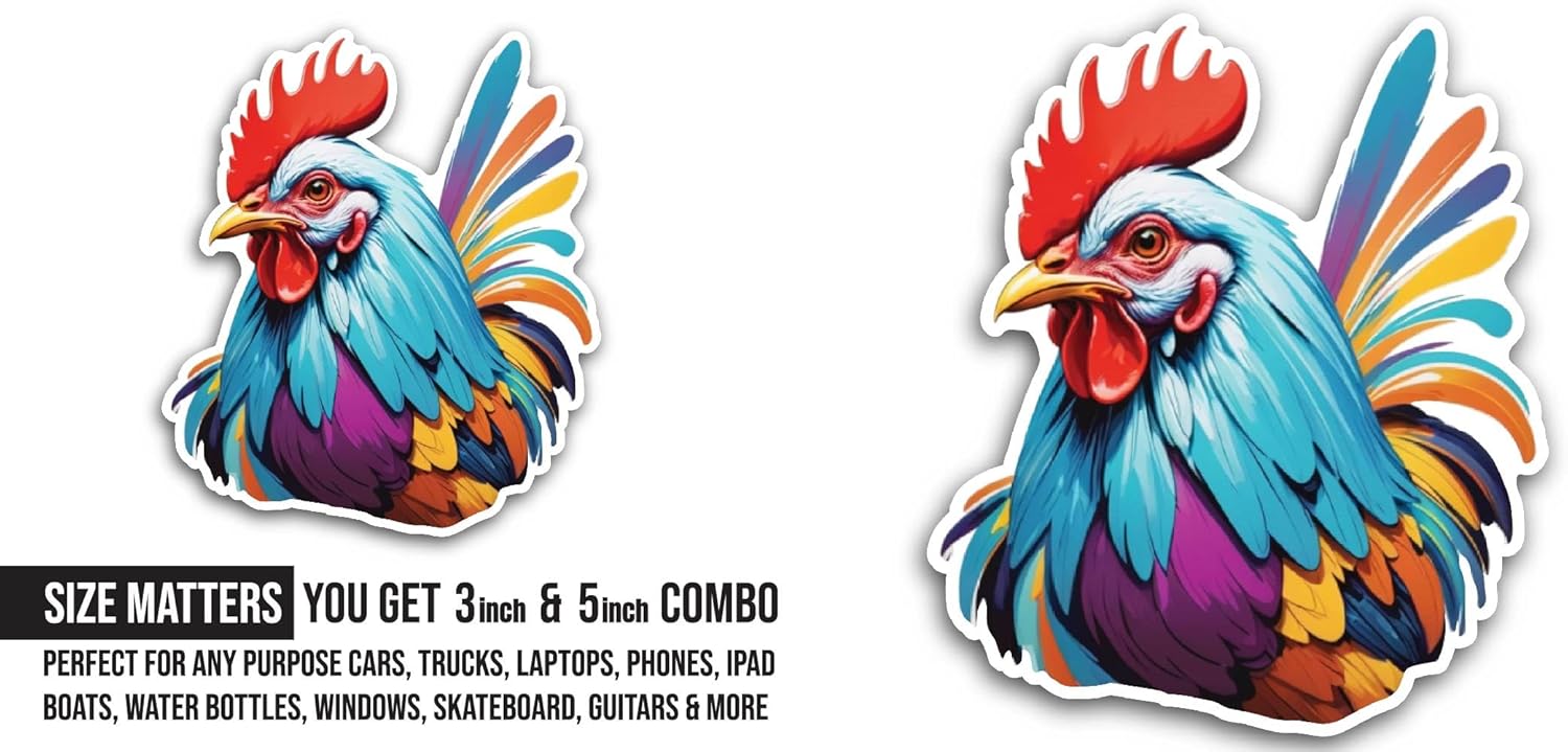 2 (Pieces) 3" and 5" Colorful Rooster Sticker, Waterproof Vinyl Decals for Many Purpose Like Cars, Trucks, Laptops, Phones, Windows and More