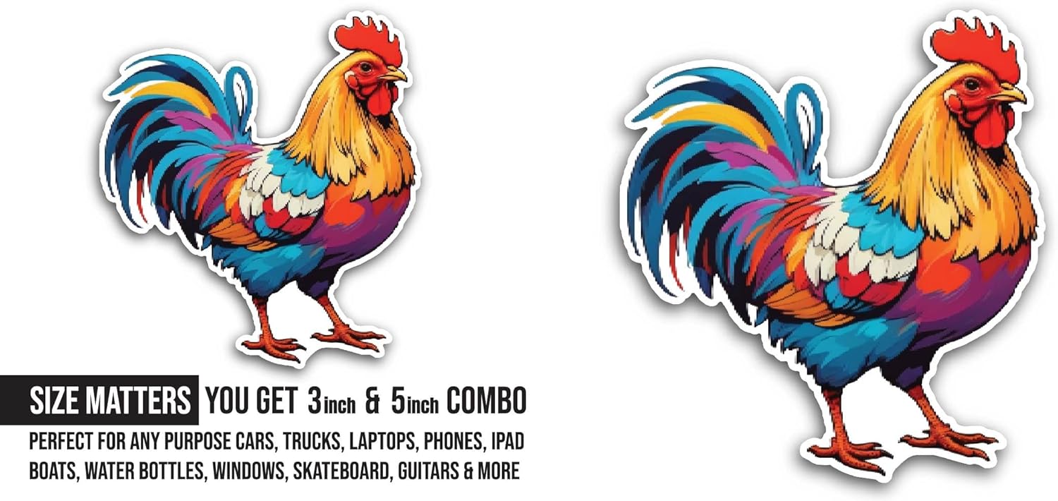 2 (Pieces) 3" and 5" Rooster with Colorful Feathers Sticker, Waterproof Vinyl Decals for Many Purpose Like Cars, Trucks, Laptops, Phones, Windows and More