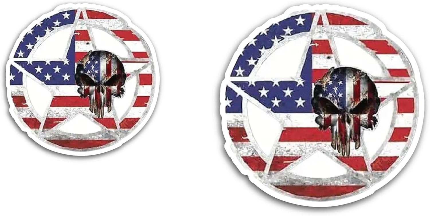 2 (Pieces) 3" and 5" Skeleton in a Star in American Flag Decal Sticker, Waterproof Vinyl Decals for Many Purpose Like Cars, Trucks, Laptops, Phones, Windows and More