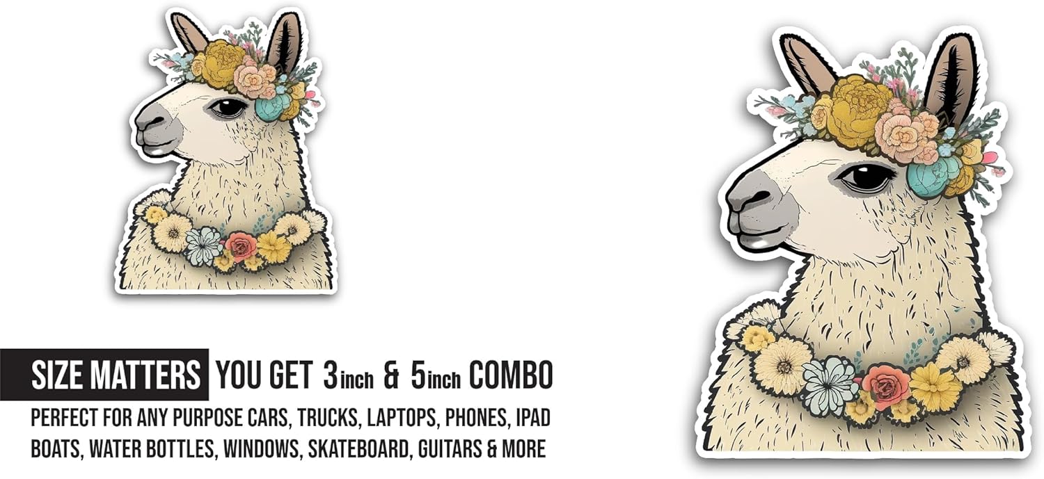 2 (Pieces) 3" and 5" Llama with Flowers Sticker, Waterproof Vinyl Decals for Many Purpose Like Cars, Trucks, Laptops, Phones, Windows and More