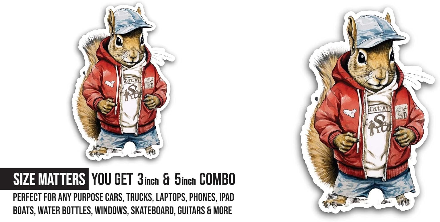 2 (Pieces) 3" and 5" Cute Squirrel Sticker, Waterproof Vinyl Decals for Many Purpose Like Cars, Trucks, Laptops, Phones, Windows and More