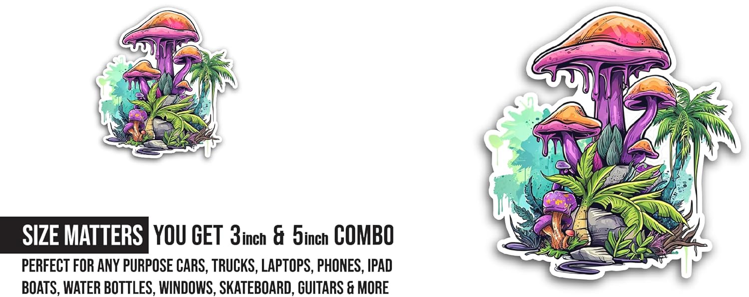 2 (Pieces) 3" and 5" Cartoon Mushrooms Sticker, Waterproof Vinyl Decals for Many Purpose Like Cars, Trucks, Laptops, Phones, Windows and More