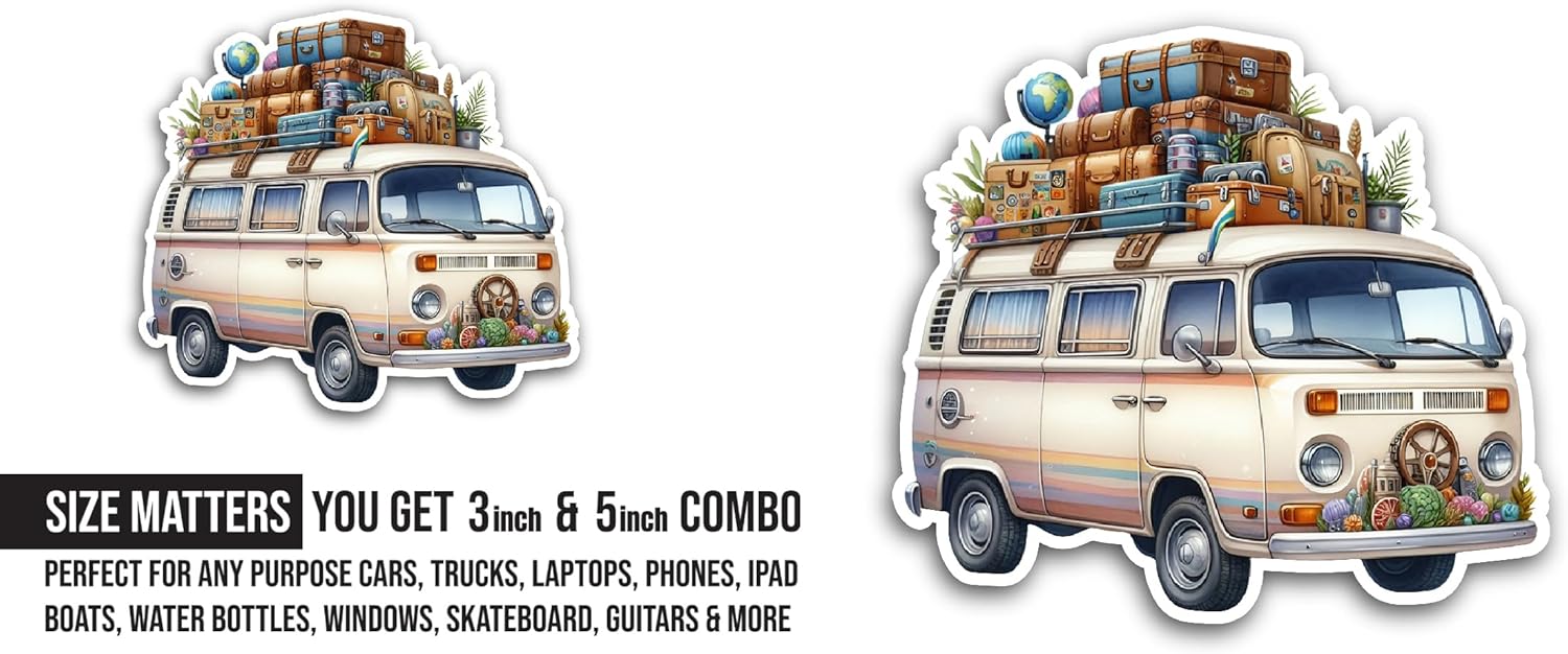 2 (Pieces) 3" and 5" Traveling Van Sticker, Waterproof Vinyl Decals for Many Purpose Like Cars, Trucks, Laptops, Phones, Windows and More