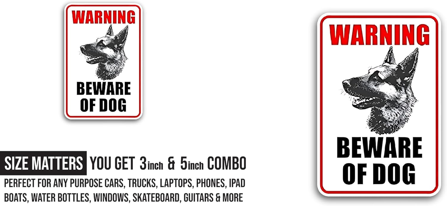 2 (Pieces) 3" and 5" Beware of Dog Sticker, Waterproof Vinyl Decals for Many Purpose Like Cars, Trucks, Laptops, Phones, Windows and More