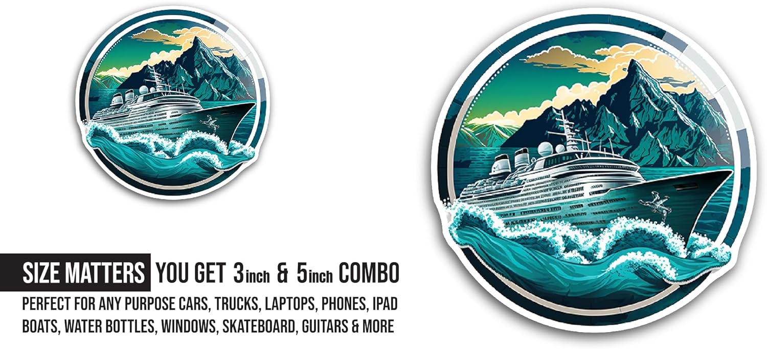 2 (Pieces) 3" and 5" Cruise Ship Sticker, Waterproof Vinyl Decals for Many Purpose Like Cars, Trucks, Laptops, Phones, Windows and More