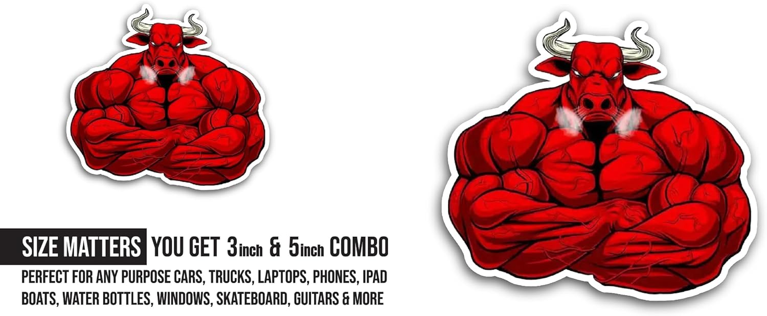 2 (Pieces) 3" and 5" Angry Red Bull Sticker, Waterproof Vinyl Decals for Many Purpose Like Cars, Trucks, Laptops, Phones, Windows and More