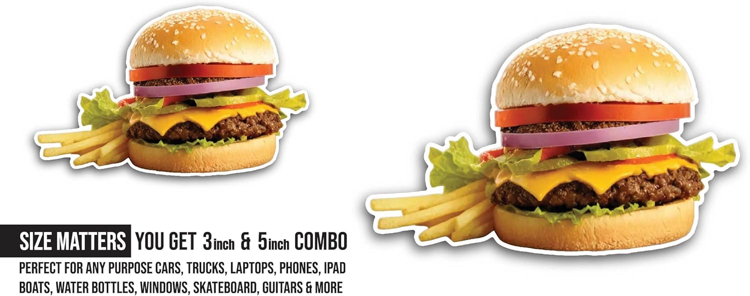 2 (Pieces) 3" and 5" Delicious Hamburger Sticker, Waterproof Vinyl Decals for Many Purpose Like Cars, Trucks, Laptops, Phones, Windows and More