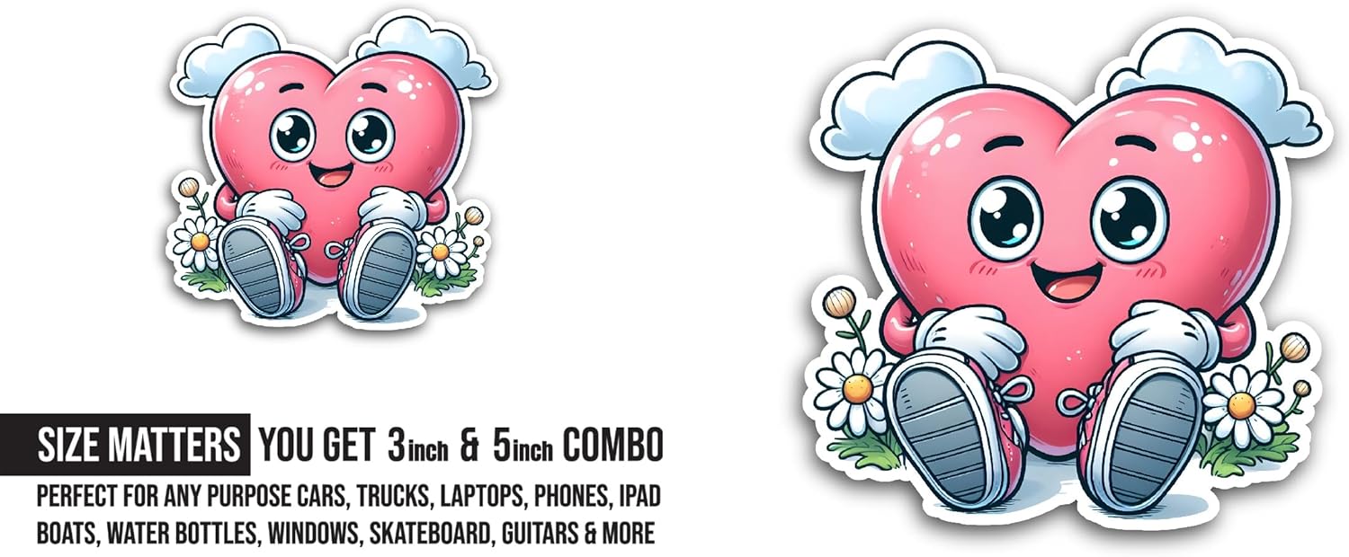 2 (Pieces) 3" and 5" Pink Heart Sticker, Waterproof Vinyl Decals for Many Purpose Like Cars, Trucks, Laptops, Phones, Windows and More