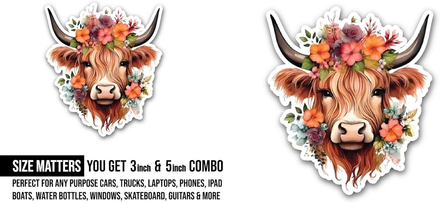 2 (Pieces) 3" and 5" Cow with Flowers Sticker, Waterproof Vinyl Decals for Many Purpose Like Cars, Trucks, Laptops, Phones, Windows and More