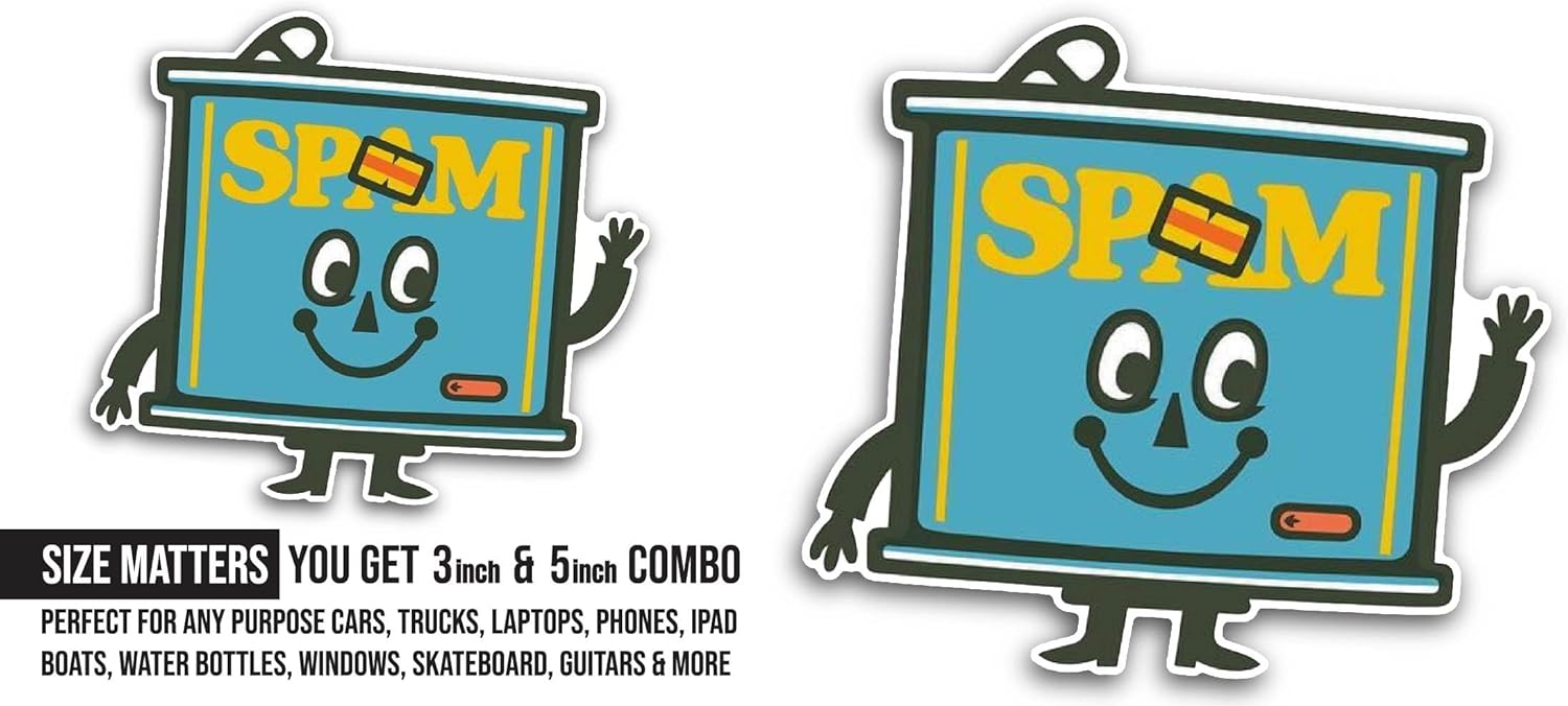 2 (Pieces) 3" and 5" Spam Sticker, Waterproof Vinyl Decals for Many Purpose Like Cars, Trucks, Laptops, Phones, Windows and More