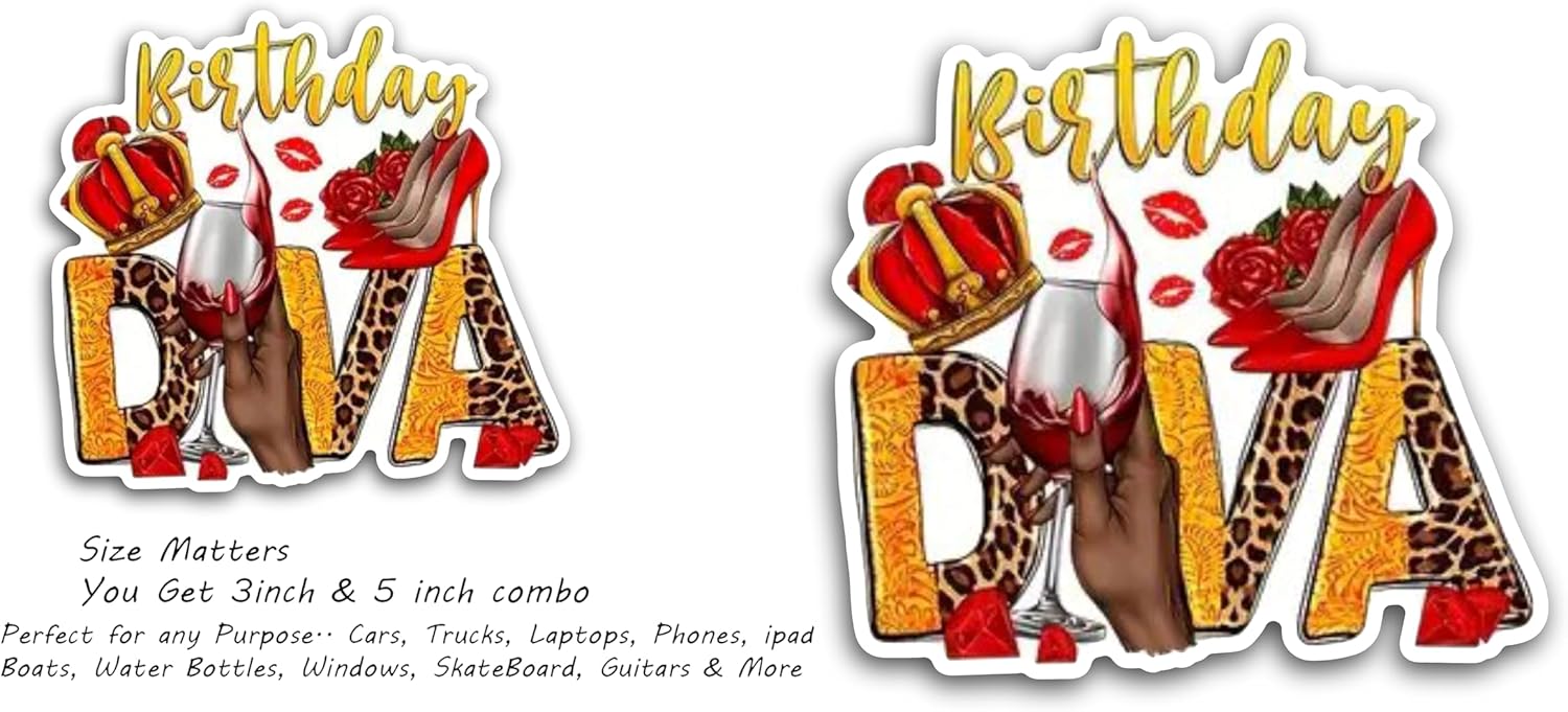 2 (Pieces) 3" and 5" Birthday Diva in Color Decal Sticker, Waterproof Vinyl Decals for Many Purpose Like Cars, Trucks, Laptops, Phones, Windows and More