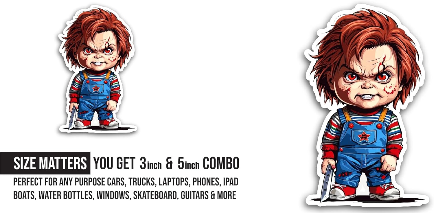 2 (Pieces) 3" and 5" Horror Doll Sticker, Waterproof Vinyl Decals for Many Purpose Like Cars, Trucks, Laptops, Phones, Windows and More