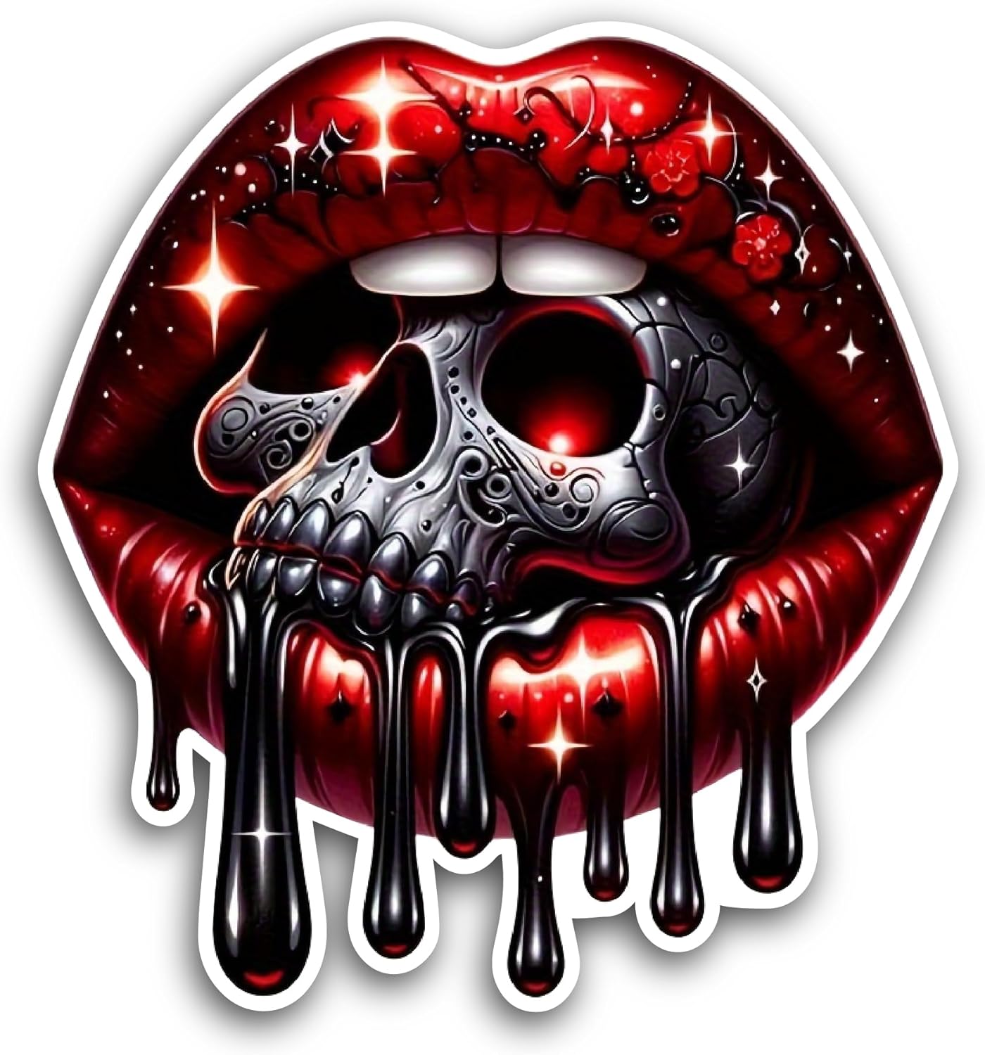 2 (Pieces) 3" and 5" Gothic Skull and Dripping Lips Sticker, Waterproof Vinyl Decals for Many Purpose Like Cars, Trucks, Laptops, Phones, Windows and More