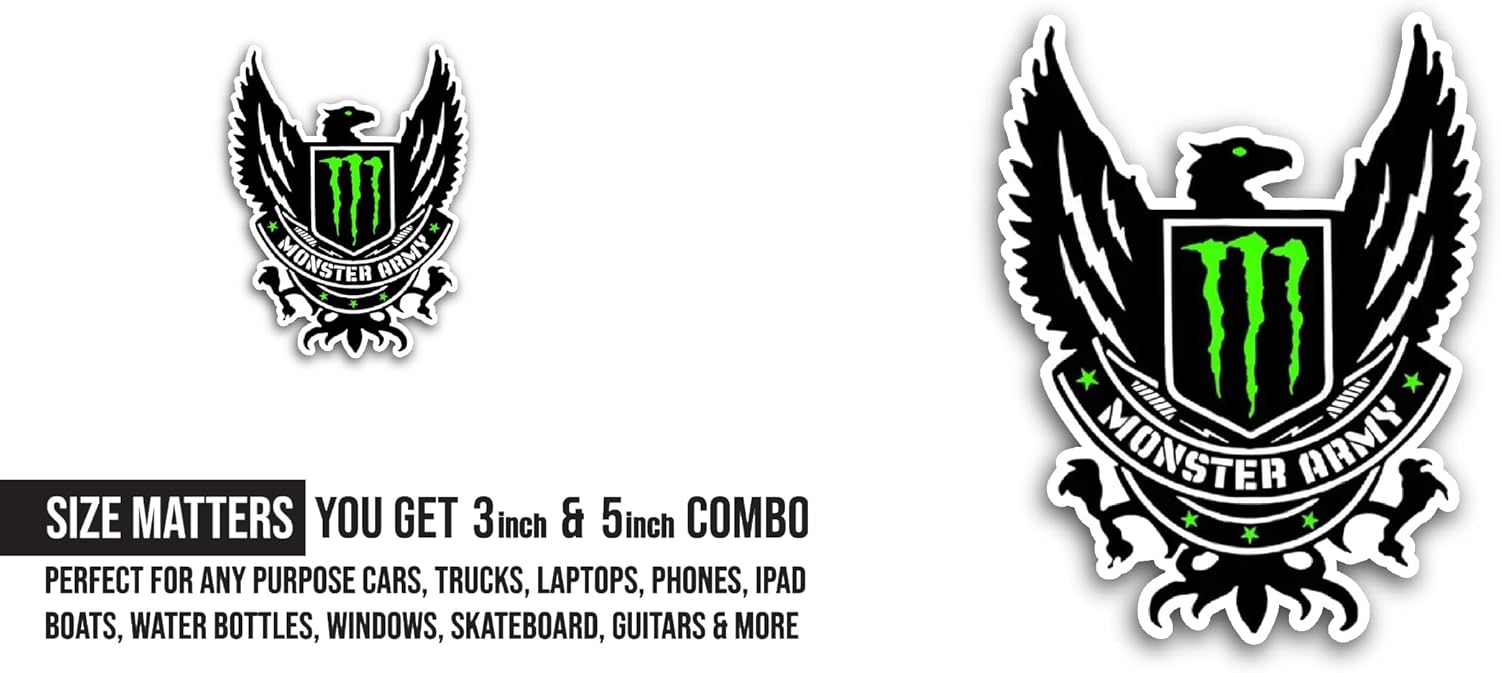 2 (Pieces) 3" and 5" Monster Army Sticker, Waterproof Vinyl Decals for Many Purpose Like Cars, Trucks, Laptops, Phones, Windows and More