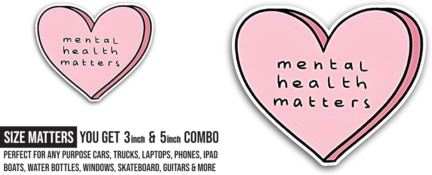 2 (Pieces) 3" and 5" Mental Health Text with Heart Sticker, Waterproof Vinyl Decals for Many Purpose Like Cars, Trucks, Laptops, Phones, Windows and More