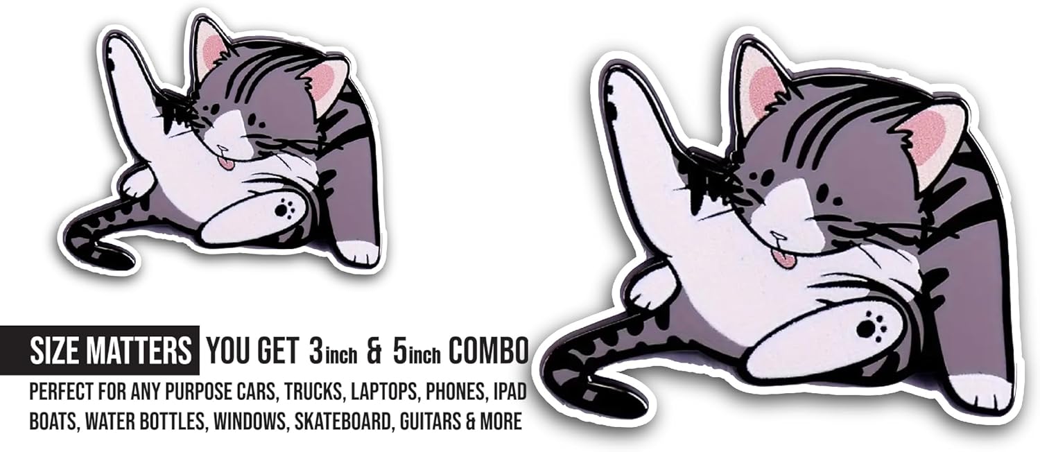 2 (Pieces) 3" and 5" Grey Cat Sticker, Waterproof Vinyl Decals for Many Purpose Like Cars, Trucks, Laptops, Phones, Windows and More
