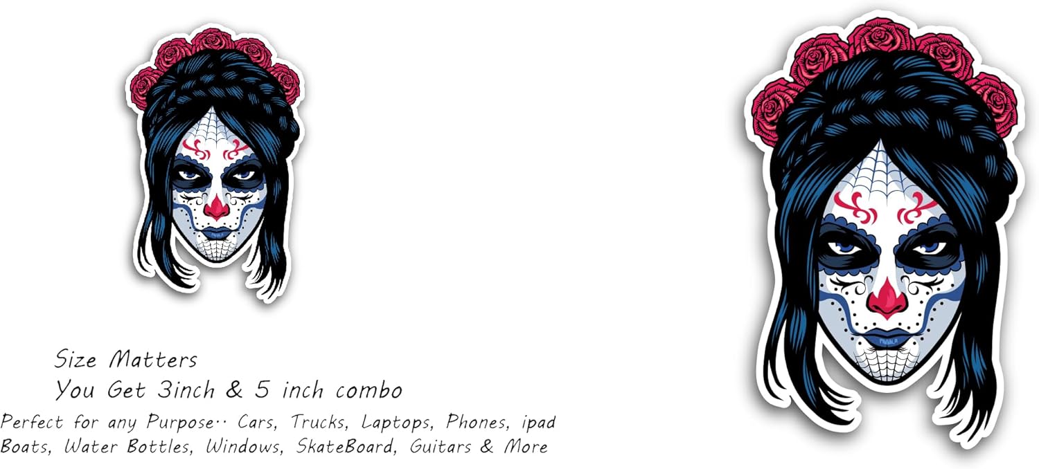 2 (Pieces) 3" and 5" Day of The Dead Decal Sticker, Waterproof Vinyl Decals for Many Purpose Like Cars, Trucks, Laptops, Phones, Windows and More
