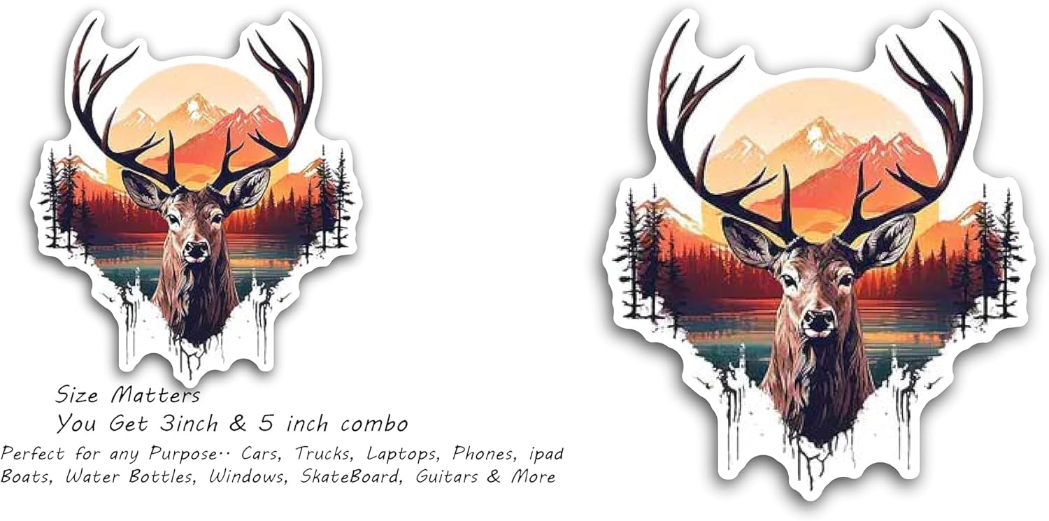 2 (Pieces) 3" and 5" Deer face with Scenary at The Background Decal Sticker, Waterproof Vinyl Decals for Many Purpose Like Cars, Trucks, Laptops, Phones, Windows and More