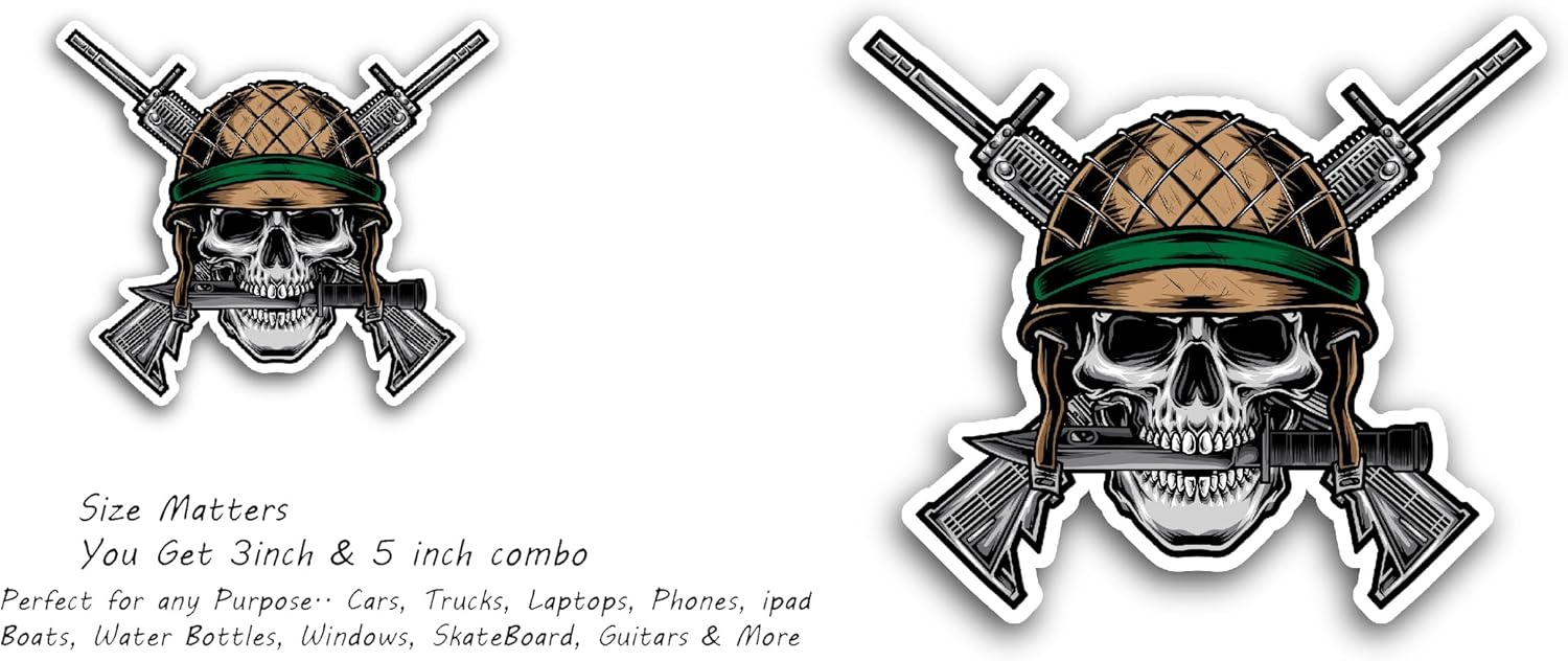 2 (Pieces) 3" and 5" Skull Soldier Sticker, Waterproof Vinyl Decals for Many Purpose Like Cars, Trucks, Laptops, Phones, Windows and More