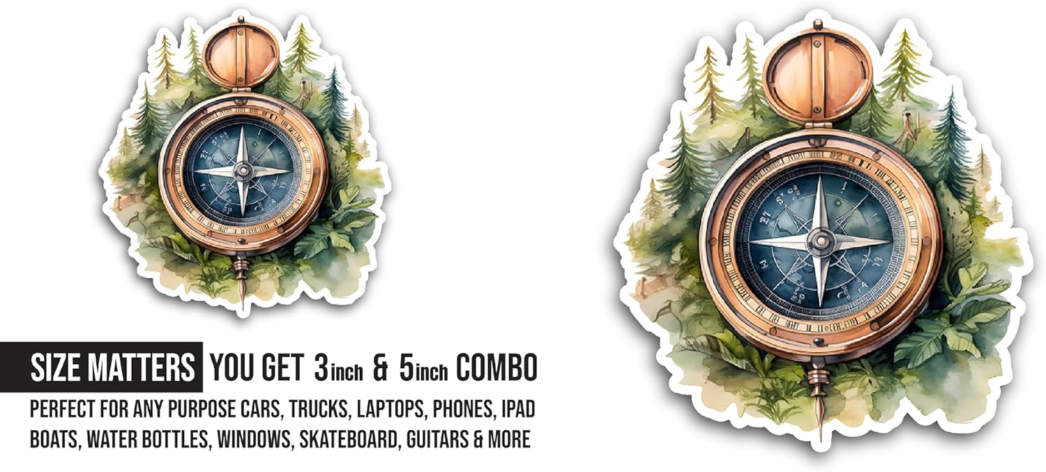 2 (Pieces) 3" and 5" Compass with Trees Sticker, Waterproof Vinyl Decals for Many Purpose Like Cars, Trucks, Laptops, Phones, Windows and More