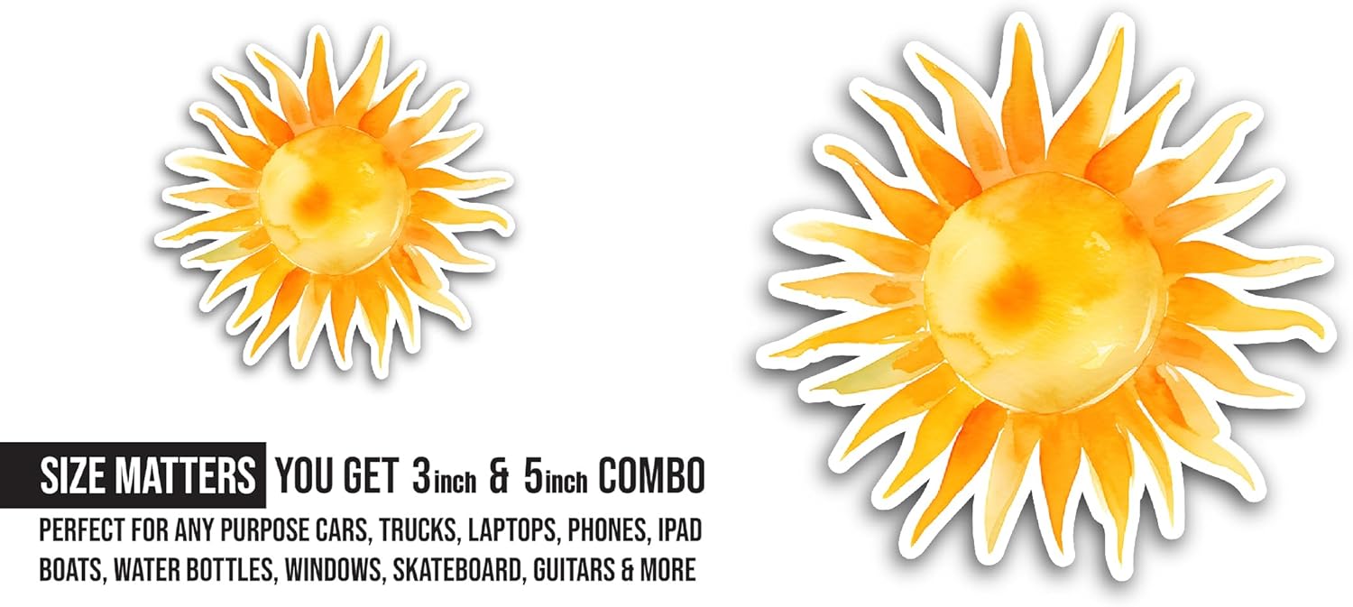 2 (Pieces) 3" and 5" Bright Shining Sun Sticker, Waterproof Vinyl Decals for Many Purpose Like Cars, Trucks, Laptops, Phones, Windows and More