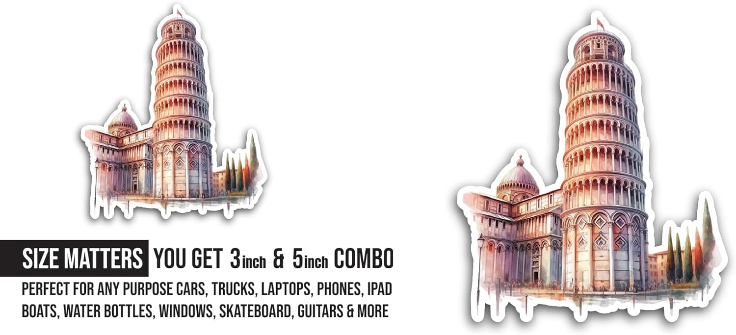 2 (Pieces) 3" and 5" Leaning Tower of Pisa Sticker, Waterproof Vinyl Decals for Many Purpose Like Cars, Trucks, Laptops, Phones, Windows and More