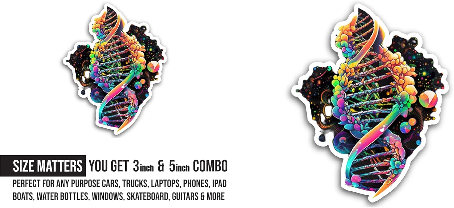 2 (Pieces) 3" and 5" Colorful DNA Sticker, Waterproof Vinyl Decals for Many Purpose Like Cars, Trucks, Laptops, Phones, Windows and More