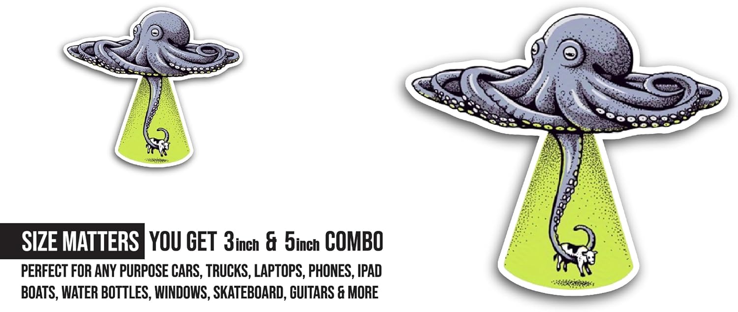 2 (Pieces) 3" and 5" Cartoon Octopus Sticker, Waterproof Vinyl Decals for Many Purpose Like Cars, Trucks, Laptops, Phones, Windows and More