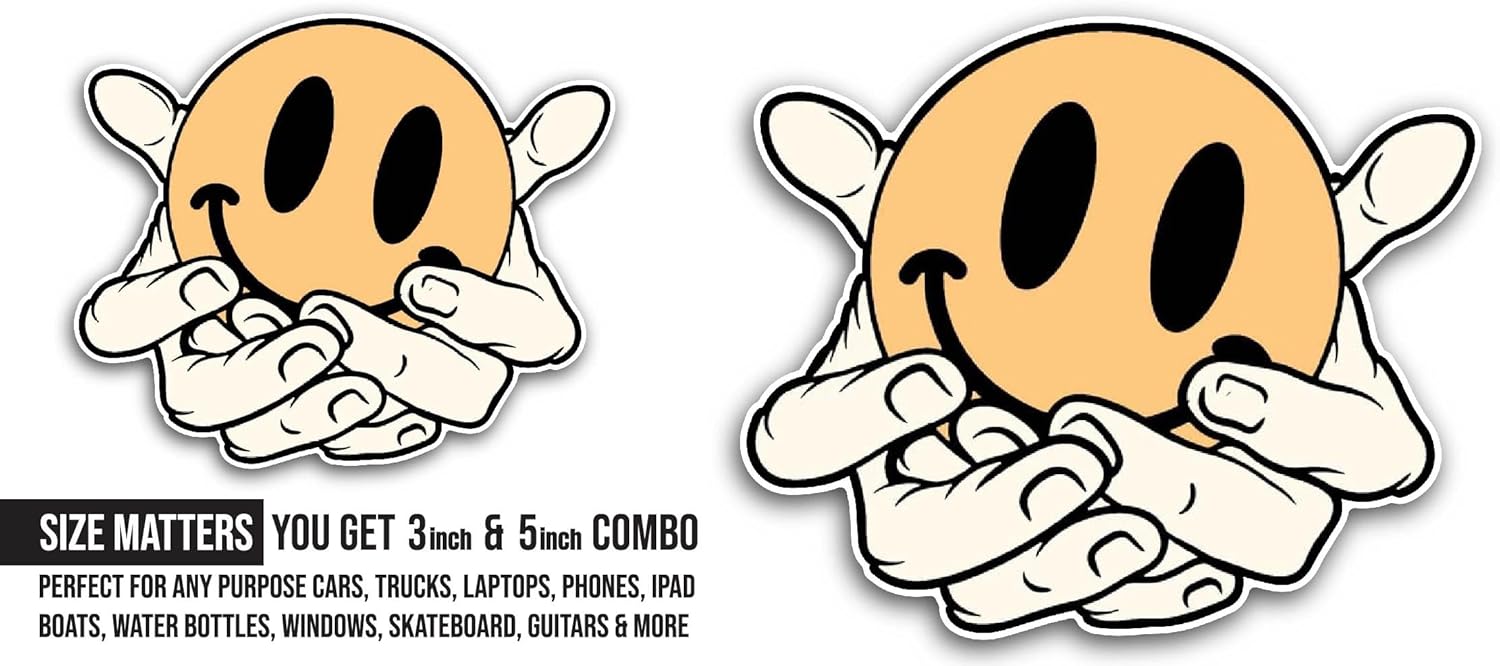 2 (Pieces) 3" and 5" Smile Face On Hand Sticker, Waterproof Vinyl Decals for Many Purpose Like Cars, Trucks, Laptops, Phones, Windows and More
