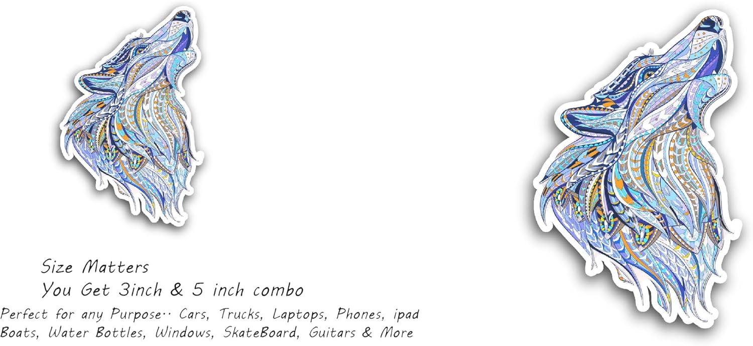 2 (Pieces) 3" and 5" Wooden Wolf Sticker, Waterproof Vinyl Decals for Many Purpose Like Cars, Trucks, Laptops, Phones, Windows and More