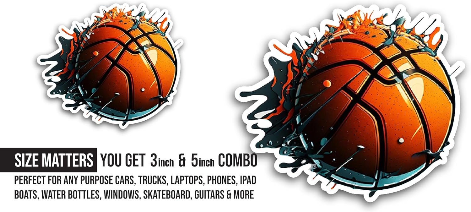 2 (Pieces) 3" and 5" Orange Basketball Sticker, Waterproof Vinyl Decals for Many Purpose Like Cars, Trucks, Laptops, Phones, Windows and More