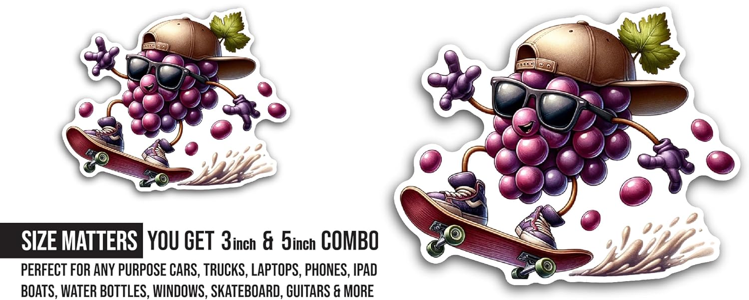 2 (Pieces) 3" and 5" Cute Happy Grapes Sticker, Waterproof Vinyl Decals for Many Purpose Like Cars, Trucks, Laptops, Phones, Windows and More