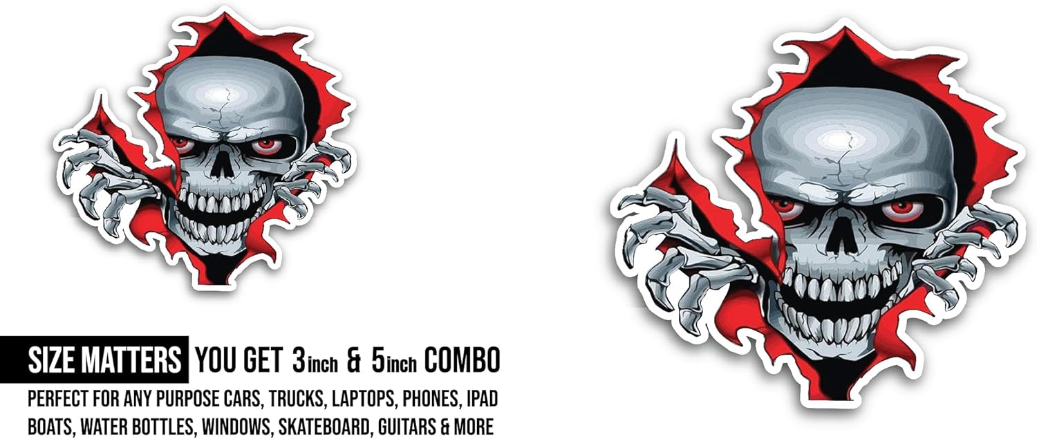 2 (Pieces) 3" and 5" Skull Head Sticker, Waterproof Vinyl Decals for Many Purpose Like Cars, Trucks, Laptops, Phones, Windows and More