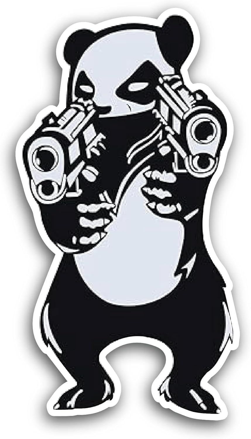2 (Pieces) 3" and 5" Panda with Gun Sticker, Waterproof Vinyl Decals for Many Purpose Like Cars, Trucks, Laptops, Phones, Windows and More