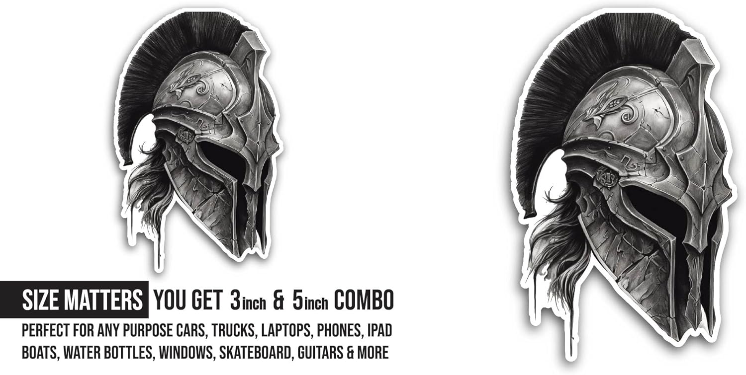 2 (Pieces) 3" and 5" Spartan Helmet Sticker, Waterproof Vinyl Decals for Many Purpose Like Cars, Trucks, Laptops, Phones, Windows and More