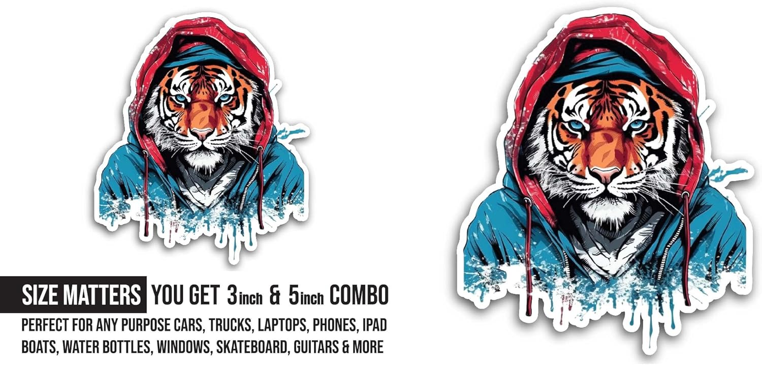 2 (Pieces) 3" and 5" Tiger in A Hoodie Sticker, Waterproof Vinyl Decals for Many Purpose Like Cars, Trucks, Laptops, Phones, Windows and More