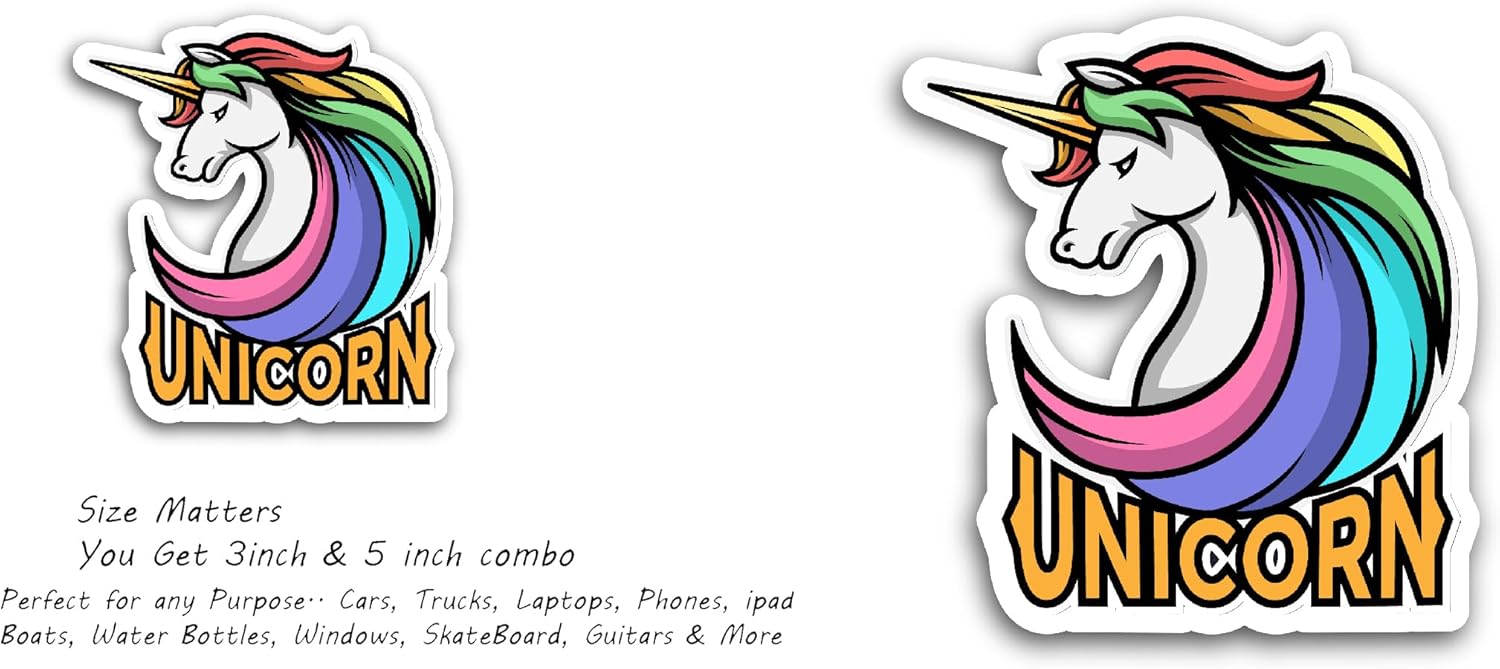 2 (Pieces) 3" and 5" Rainbow Unicorn Decal Sticker, Waterproof Vinyl Decals for Many Purpose Like Cars, Trucks, Laptops, Phones, Windows and More