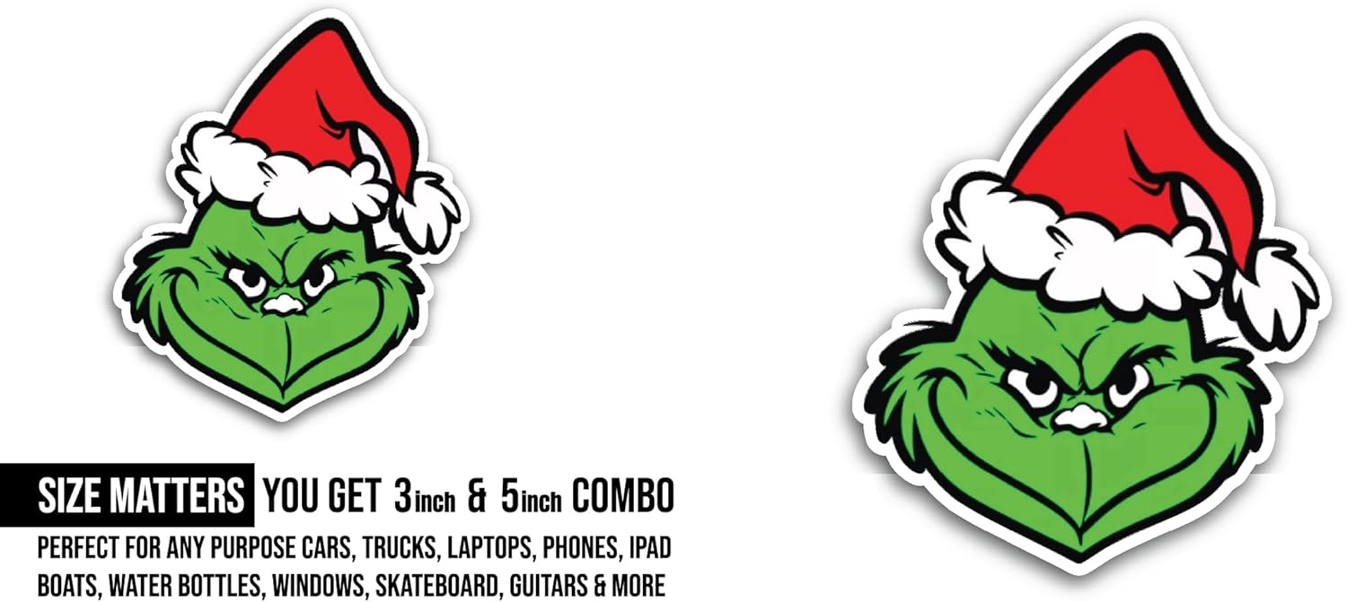 2 (Pieces) 3" and 5" Green Face with Christmas Hat Sticker, Waterproof Vinyl Decals for Many Purpose Like Cars, Trucks, Laptops, Phones, Windows and More