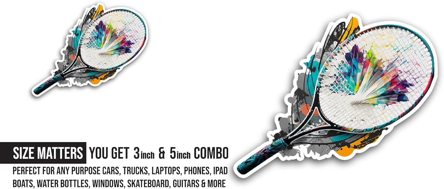 2 (Pieces) 3" and 5" Badminton Racket Sticker, Waterproof Vinyl Decals for Many Purpose Like Cars, Trucks, Laptops, Phones, Windows and More