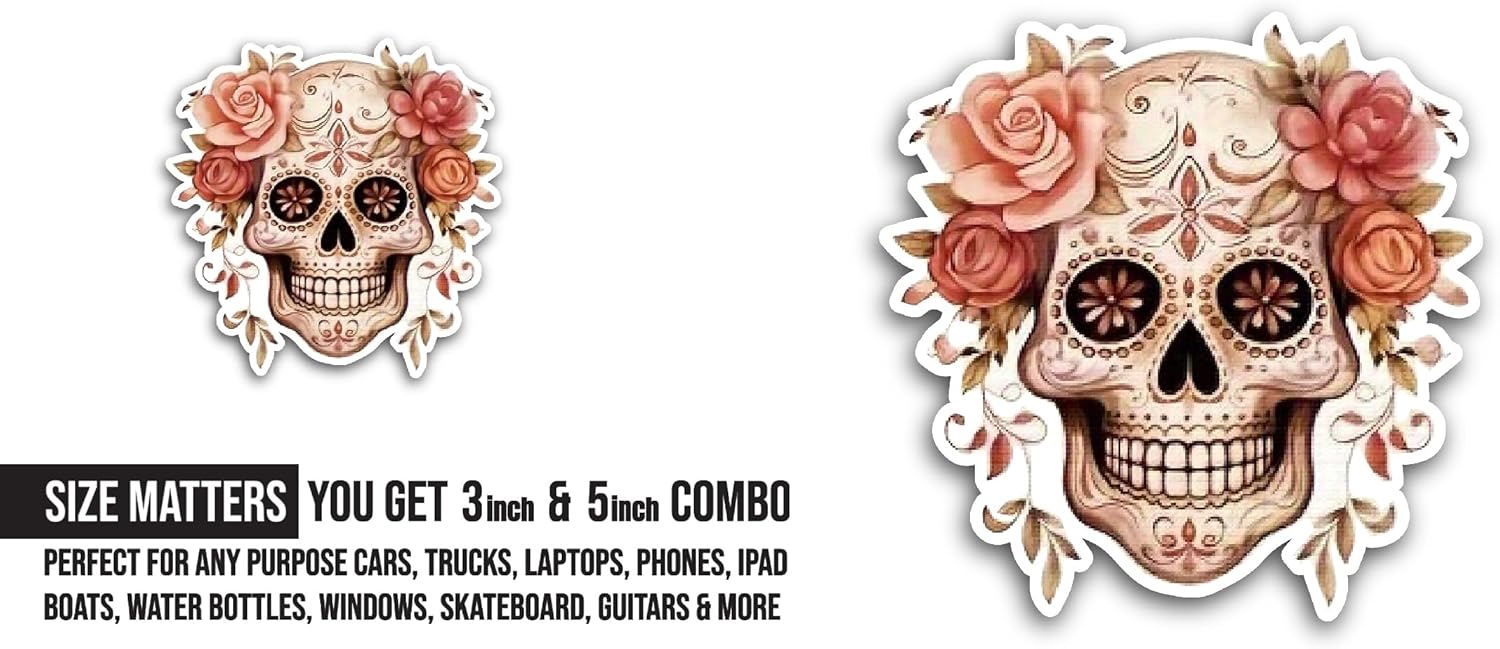 2 (Pieces) 3" and 5" Skull Made with Roses Sticker, Waterproof Vinyl Decals for Many Purpose Like Cars, Trucks, Laptops, Phones, Windows and More