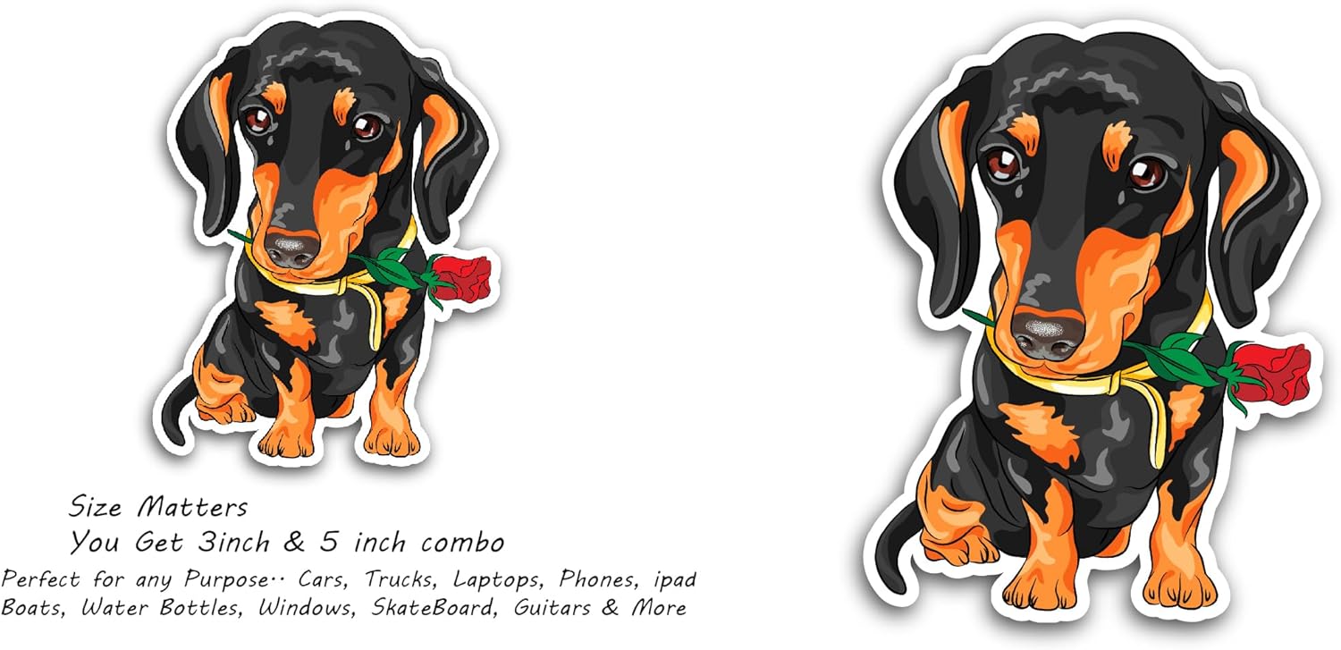 2 (Pieces) 3" and 5" Dachshund Puppy Sticker, Waterproof Vinyl Decals for Many Purpose Like Cars, Trucks, Laptops, Phones, Windows and More