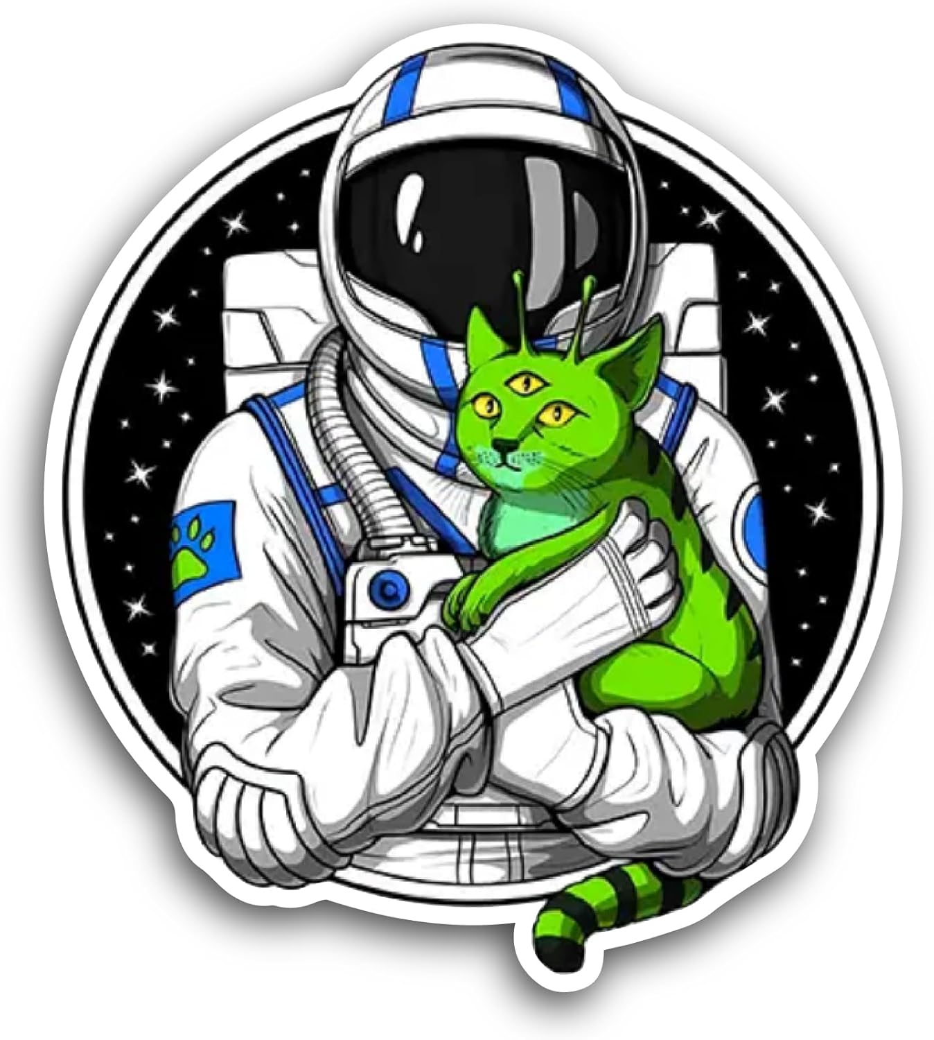 2 (Pieces) 3" and 5" Space Astronaut Alien Cat Sticker, Waterproof Vinyl Decals for Many Purpose Like Cars, Trucks, Laptops, Phones, Windows and More