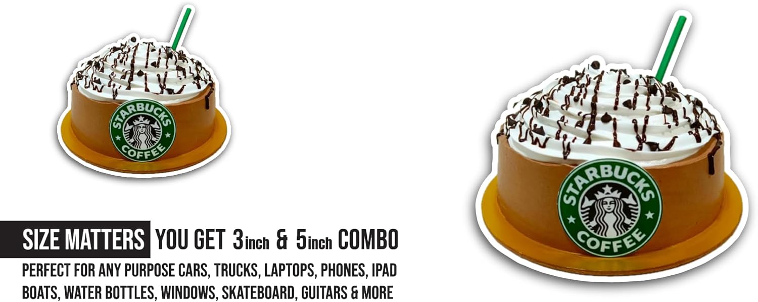 2 (Pieces) 3" and 5" St@rbucks Cake Sticker, Waterproof Vinyl Decals for Many Purpose Like Cars, Trucks, Laptops, Phones, Windows and More