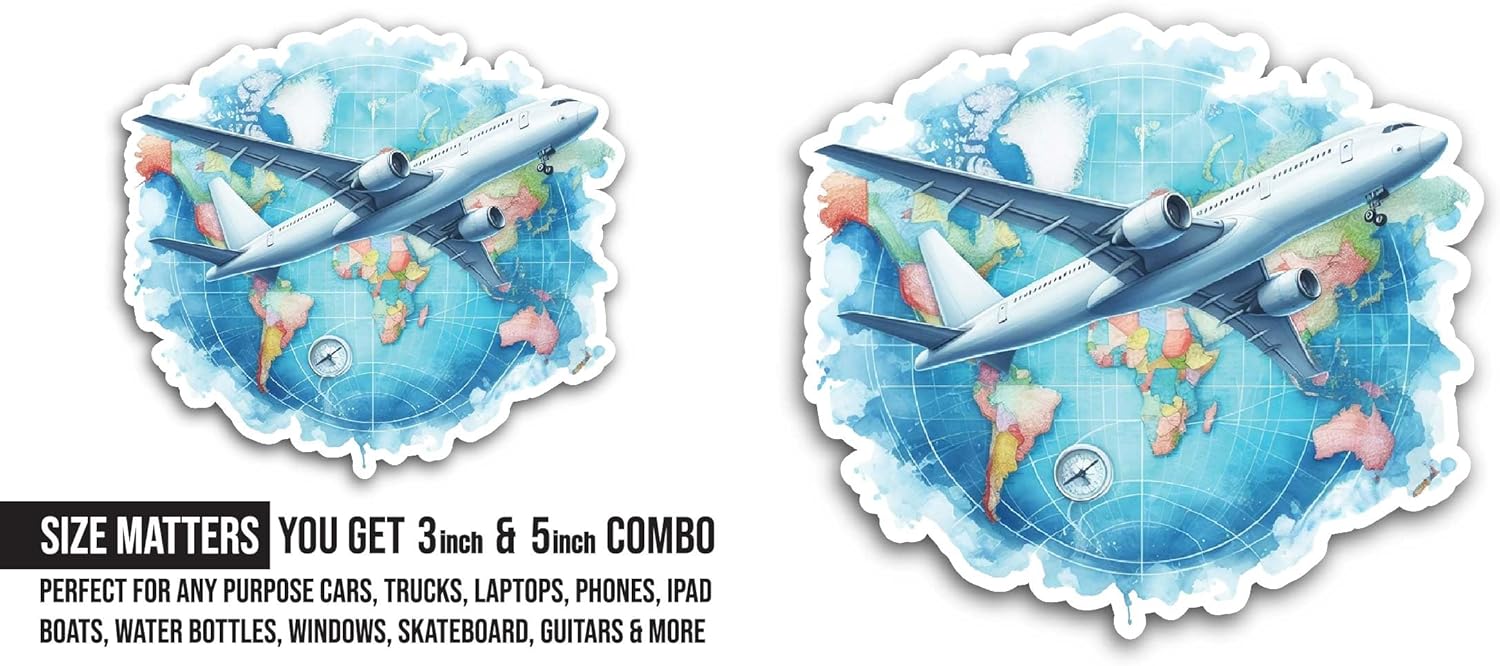 2 (Pieces) 3" and 5" Earth with Airplane Sticker, Waterproof Vinyl Decals for Many Purpose Like Cars, Trucks, Laptops, Phones, Windows and More
