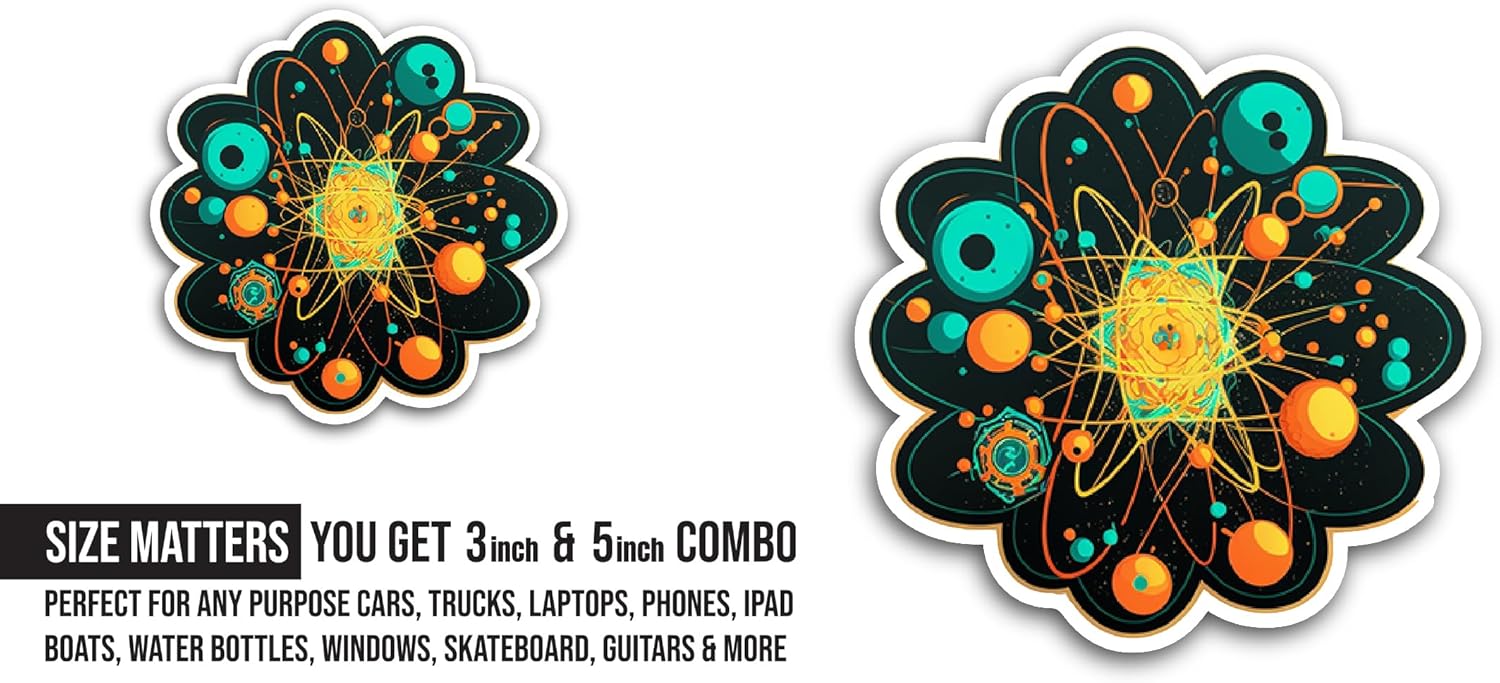 2 (Pieces) 3" and 5" Atomic Structure Sticker, Waterproof Vinyl Decals for Many Purpose Like Cars, Trucks, Laptops, Phones, Windows and More