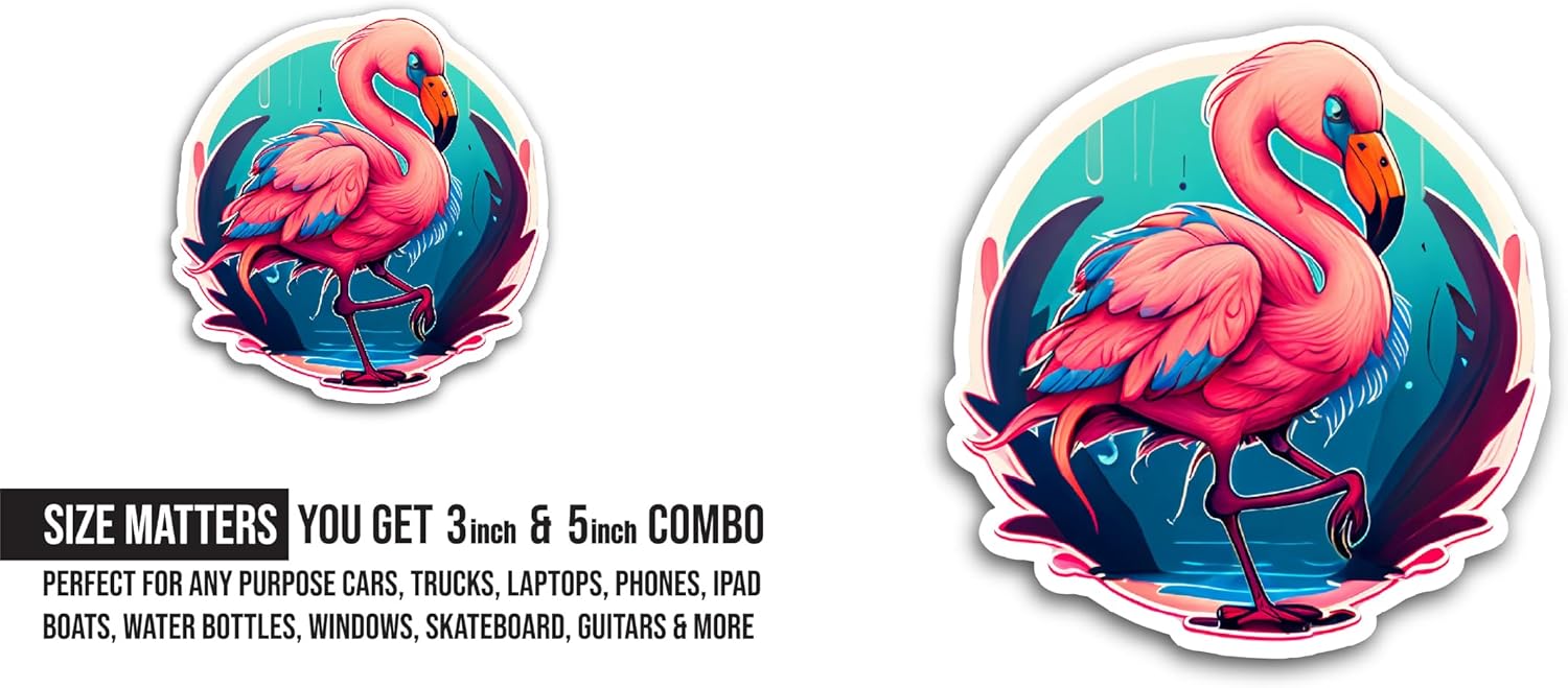 2 (Pieces) 3" and 5" Colorful Flamingo Sticker, Waterproof Vinyl Decals for Many Purpose Like Cars, Trucks, Laptops, Phones, Windows and More