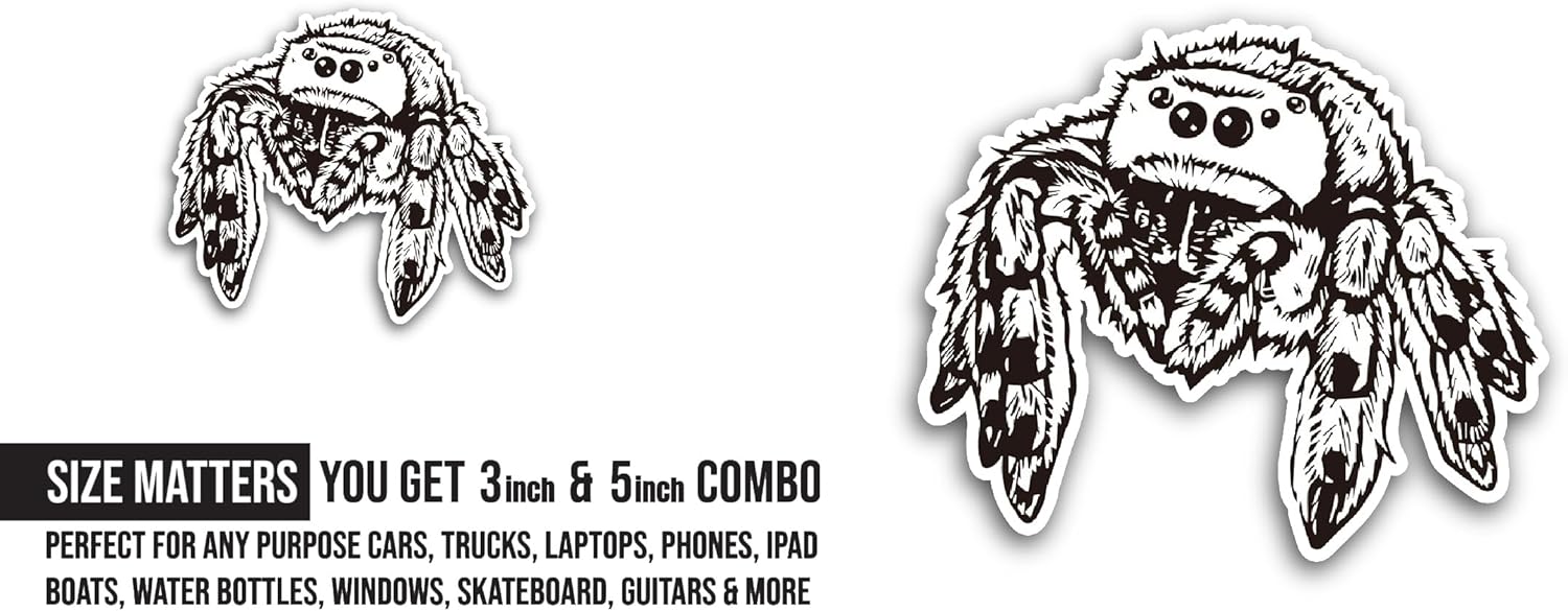2 (Pieces) 3" and 5" Jumping Spider Sticker, Waterproof Vinyl Decals for Many Purpose Like Cars, Trucks, Laptops, Phones, Windows and More