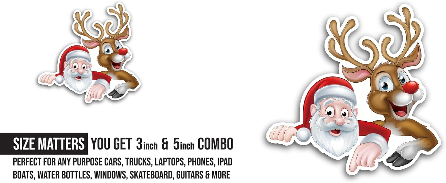 2 (Pieces) 3" and 5" Santa with Deer Sticker, Waterproof Vinyl Decals for Many Purpose Like Cars, Trucks, Laptops, Phones, Windows and More